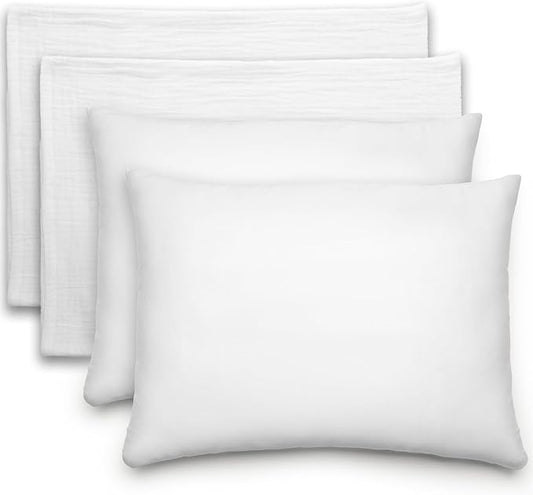 Comfy Cubs Toddler Pillow with Muslin Pillowcase, 13 x 18 in, 2 Pack - Travel and Sleep Support for Kids - Lightweight, Breathable Microfiber Fill - Soft and Cozy Small Pillow for Toddlers - White