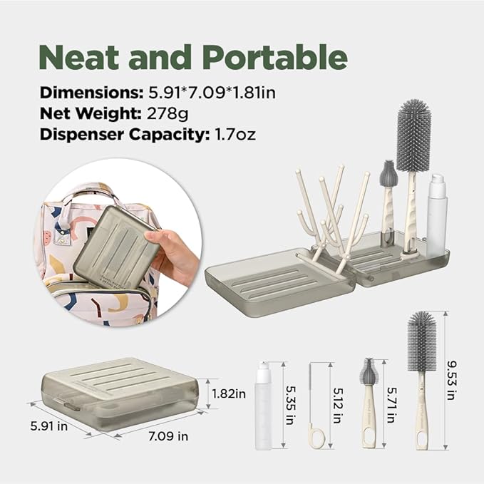 Travel Bottle Brush, Travel Bottle Cleaner Kit with Bottle Drying Rack, Transparent Coffee