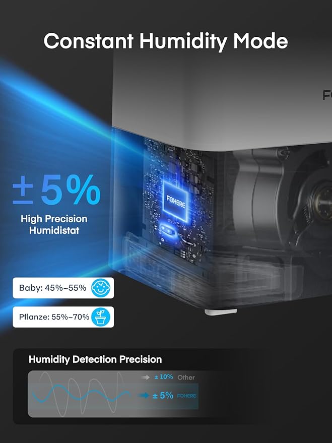 FOHERE 6L Humidifiers for Bedroom, 60H Cool Mist Humidifier for Large Room, 28dB Ultra-Quiet Runtime for Baby, Indoor, Plants, Smart Humidity Sensor, 16H Timer, Night Light, Oil Diffuser, White