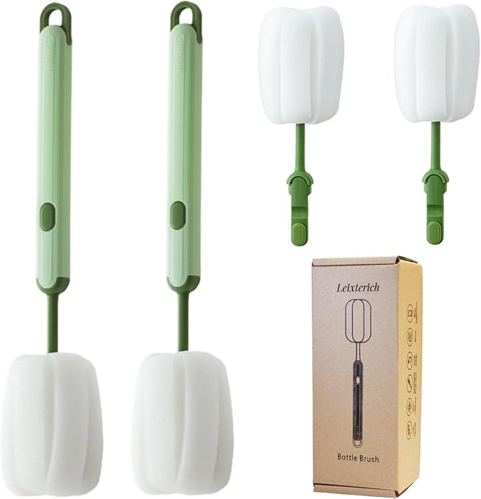 Bottle Brush Long Handle Cup Cleaner Brush Sponge Bottle Scrubber Detachable Handle Portable Sponge Cleaning Brush for Cups Wine Glasses Water Bottles Baby Bottles and Vacuum Flasks (Green)