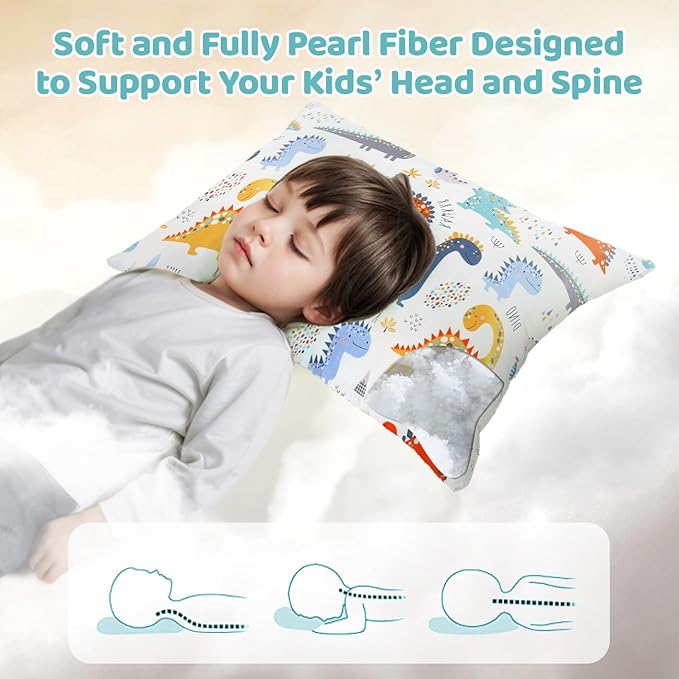 LOFE Organic Plilow with Cartoon Pillowcase - 16x22 Kids Pillow with 100% Organic Cotton Shell, Adjustable Organic Youth Pillow, Machine Washable, Soft,for Kids&Youth&Children (Dinosaur)