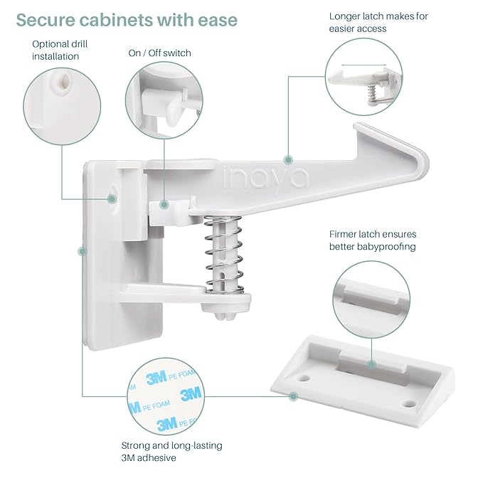 Inaya Complete 50pc Deluxe Baby Proofing Kit - Flexible Hidden Baby Locks for Cabinets and Drawers, Adjustable Child Safety Latches, Corner Guards & Furniture Anchors