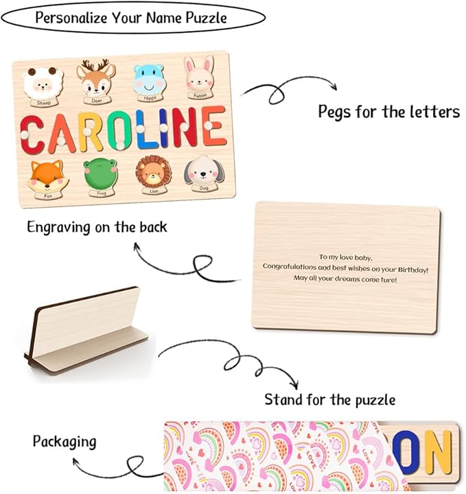Custom Name Puzzle for Kids Personalized Wooden Animal Puzzles for Toddlers 1-3 Engraved Text on Back, Personalized Baby Gifts Educational Toys for 1 Year Old Girl Gifts for Birthday Baptism