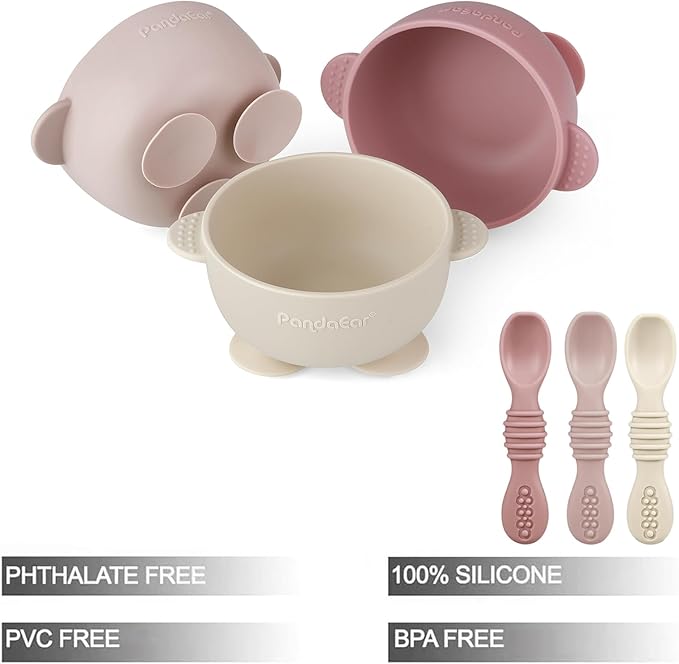 PandaEar 3 Pack Silicone Suction Baby Bowls & 3 Baby Feeding Spoons | Non-Slip Stay Put Bowls & Soft Silicone First Stage Spoons for Toddlers, BPA-Free Baby Led Weaning Set (Pink Rose Linen)