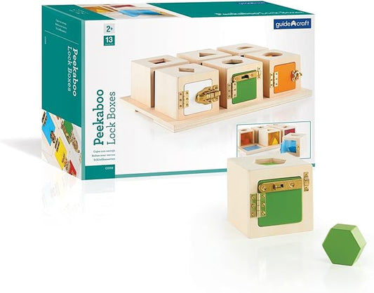 Guidecraft Peekaboo Lock Boxes with Storage Tray: Sorting & Stacking Toy for Children - Kids Early Learning , Multi-colored Wooden Educational Toddler Toy