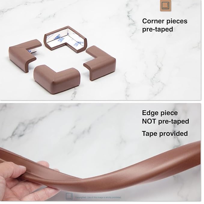 Roving Cove Slim-Fit Corner Edge Protector for Baby Proofing (Small 18ft Edge 8 Corners), Furniture Safety Bumper Guard, Soft NBR Rubber Foam, 3M Adhesive, Coffee Brown