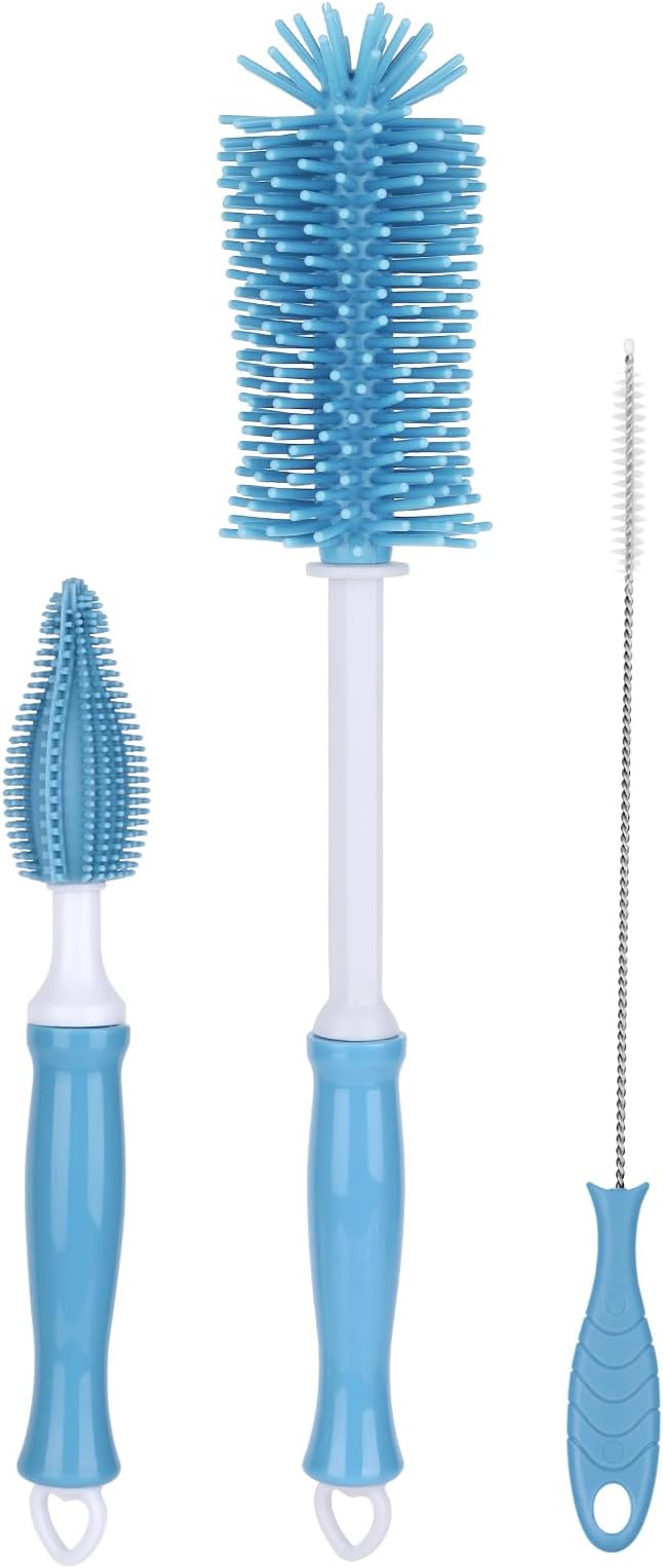 Silicone Bottle Cleaning Brush,Baby Travel Essential Bottle Brush Set, 3 in 1 Silicone Brush, Nipple Brush, Straw Brush