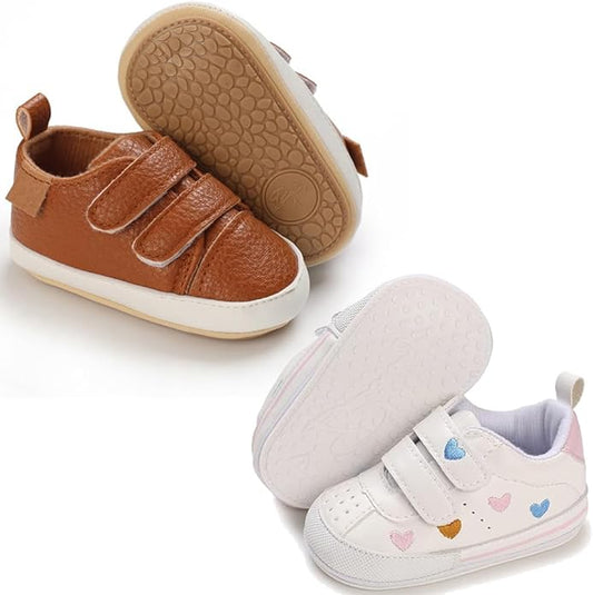 2Pairs Baby Shoes,Boys Girls Non-Slip Rubber Sole Sneakers,Unisex Infant Soft Lightweight First Walking Crib Shoes