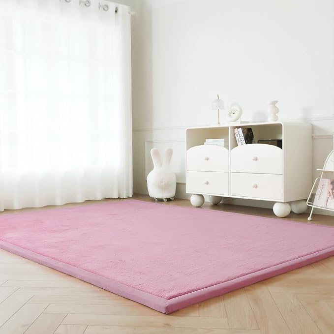 Loartee Faux Rabbit Fur Rug - 1.18" Thick Soft Fluffy Area Rug, Non-Slip Memory Foam Crawling Mat, Light Pink, 71"x78"