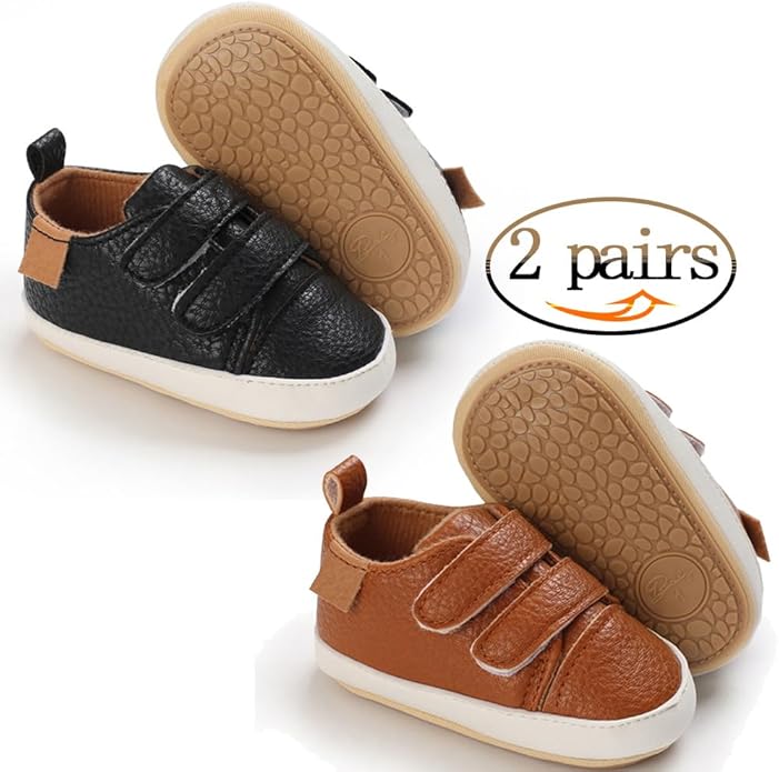 2Pairs Baby Shoes,Boys Girls Non-Slip Rubber Sole Sneakers,Unisex Infant Soft Lightweight First Walking Crib Shoes