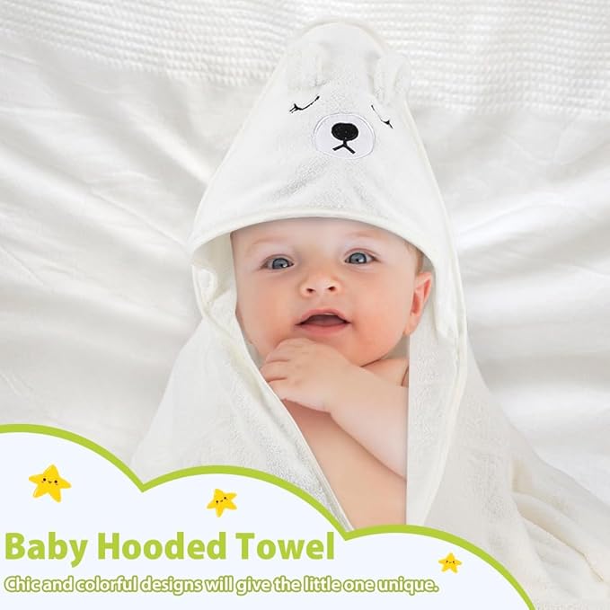 Baby Bath Towel,Ultra Soft Hooded Baby Towel,Toddler Bath Towels with Animal Design,Absorbent Baby Hooded Towel Shower Gifts for Baby Boys Girls,31.5x31.5 inch(White Bear)