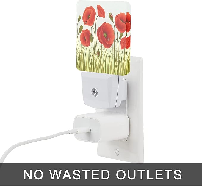 Red Flowers Night Light,Red Poppy Flowers and Ladybugs Plug-in Night Lights with Dusk-to-Dawn Sensor for Stairway/Hallway/Bedroom Sleep Friendly lamp for Women/Girls/Boys Gift,0.5W