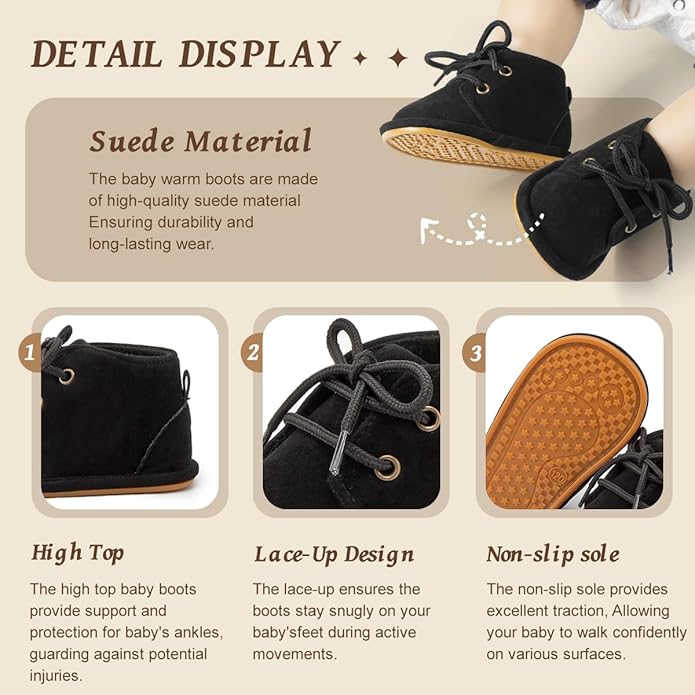 Baby Unisex Warm Snow Boots Newborn Leather Fur Lace Up Ankle Anti-Slip Rubber Texture Sole Toddler Prewalker Winter Crib Shoes