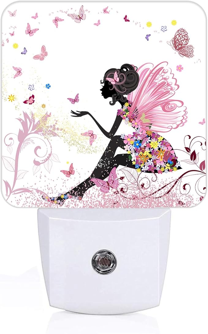 Pink Beautiful Women Butterfly Night Light,Plug Into Wall with Dusk to Dawn Light Sensors, Warm Nightlights for Bedroom, Bathroom, Hallway, Kitchen, Gifts Ideal for Boys Girls Women Men