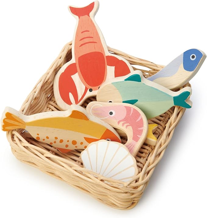 Tender Leaf Toys - Seafood Basket - 6 Pcs Wooden Seafood with Hand-Crafted Wicker Basket, Pretend Food Play Supermarket Shopping Game Play Kitchen Accessories - Age 3+