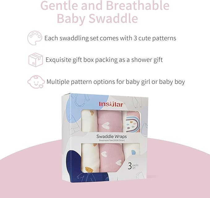 insular Baby Swaddle Wrap, Swaddle Blanket for Newborn and Infant, Adjustable Velcro Swaddling Set for Boy and Girl, Soft Cotton Baby Sleep Sack 3 Pack, Rainbow, Small(0-3 Month)