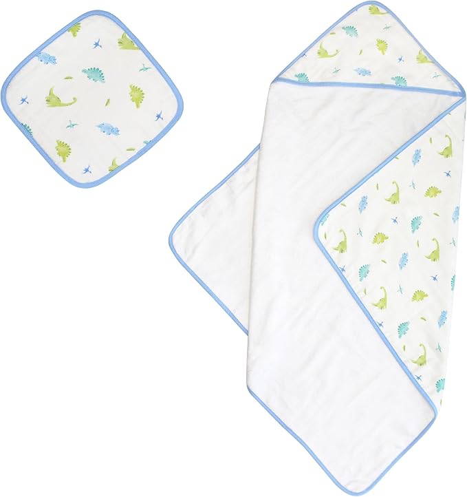 Bamboo Viscose Baby Hooded Towel & Washcloth Set for Babies and Toddlers, Soft & Absorbent, 70% Viscose from Bamboo, 30% Cotton Muslin - Imported (Dinosaur)