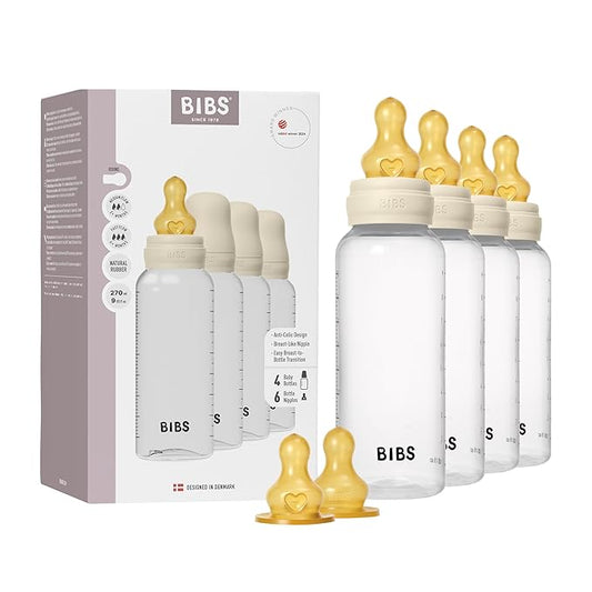 BIBS Baby Bottle 270 ml Latex Nipple 4 Pack - Anti-Colic, BPA-Free, Round Nipple, Lightweight & Easy to Clean, Suitable for Newborns 0+ Years, 4-Pack + 2 Extra Nipples - Ivory
