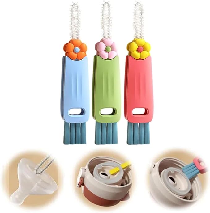 3 in 1 Cup Lid Cleaning Brush, 2025 New Cup Lid Cleaner with Brush, Multifunctional Portable Crevice Cleaning Brush Set for Baby Bottle Gap Tight Spaces, Home Kitchen Cleaning Tools (Mix)