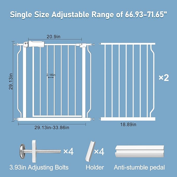 ALLAIBB Extra Wide Pressure Mount Baby Gate Auto Close White Metal Child Dog Pet Safety Gates with Walk Through for Stairs,Doorways,Kitchen and Living Room(66.93-71.65"/170-182cm)