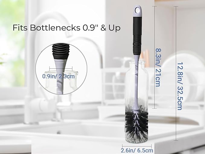 Bottle Brush Cleaner, Long Handle Bottle Brush with Dual Bristles for Water Bottles, Glassware, Mugs, Sports & Baby Bottles Cleaning, Black 4 Pack