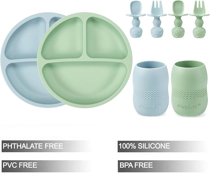 PandaEar Silicone Baby Feeding Set| 2 Pack Silicone Divided Suction Plate and 2 Pack Tiny Cup with 2 Spoons 2 Forks| Baby Led Weaning Supplies Self Feeding Eating Utensils (Blue/Green)