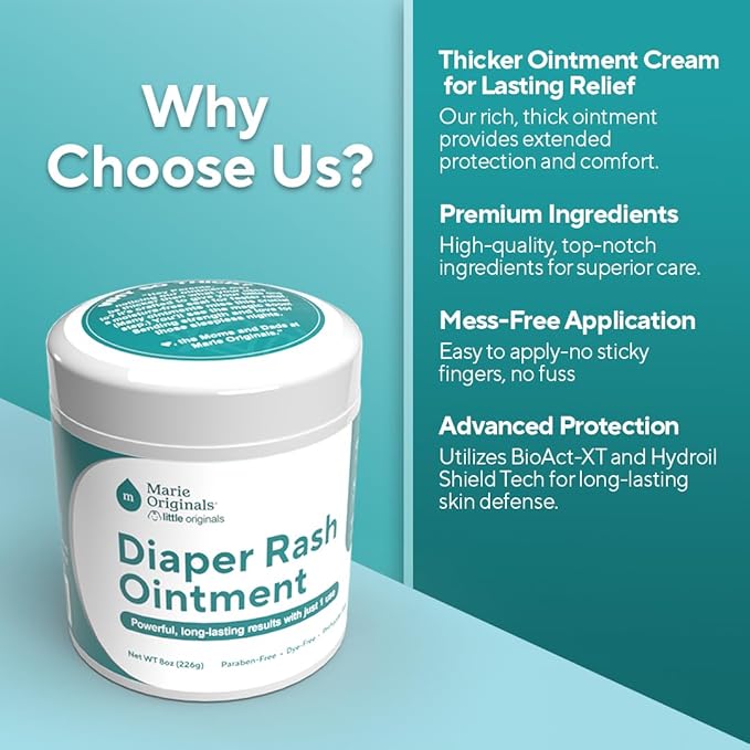 Marie Originals Premium Diaper Rash Ointment - Triple Action Diaper Rash Cream for Baby - Soothes and Moisturizes Dry Cracked Skin with Vitamin E, Coconut Oil, and Zinc Oxide diaper cream - 8 oz
