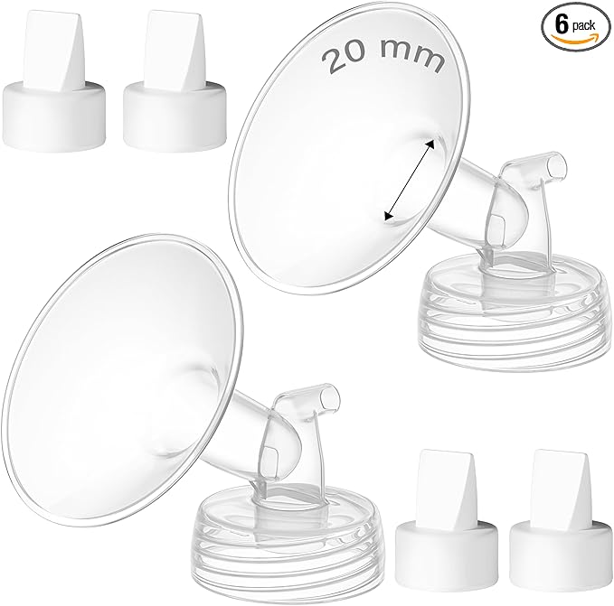 6PCS 20mm Breast Pump Flanges, Duckbill Valves Compatible with Spectra S1/S2/9Plus/Synergy Gold, Motif Luna, Wide-Mouth Bottle Fit, Breast Pump Accessories