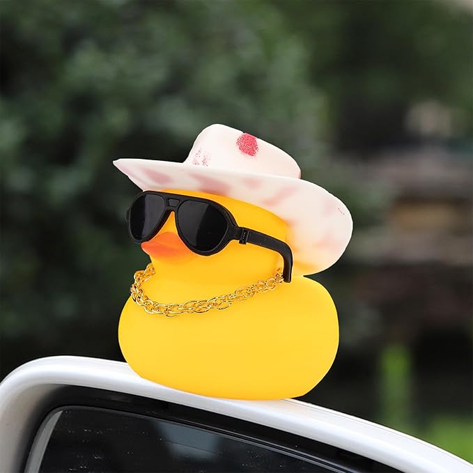wonuu Car Rubber Duck, Yellow Duck Decoration Dashboard with Sun Hat Swim Ring Necklace Sunglasses for Car Dashboard Decorations, Pink White Cowboy Hat-Pink Dolphin