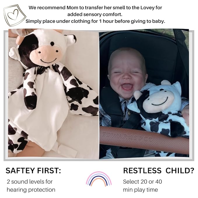 Love By Emi Baby Music Lovey Black & White Cow, Baby Sleep Soother for Crib & Cuddle Bedtime, White Noise with Heartbeat & Lullaby, Plush Sound Toy, Stuffed Animal for Newborns, Infants & Toddlers