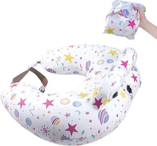 Inflatable Travel Nursing Pillow with Extra Replacement Cover–Portable Breastfeeding & Bottle-Feeding Pillow for Mom & Baby Support, 2 Removable 100% Cotton Covers–Newborn Essentials