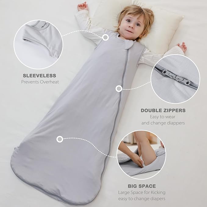 Mosebears Unisex Rayon Made from Bamboo Sleep Sack with 2-Way Zipper,2.5 Tog Baby Winter Sleep Sack (Light Grey,0-6 Months)