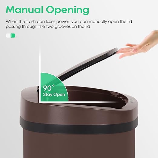 BestOffice | 13 Gallon Stainless Steel Trash Can with Lid | Brown | Automatic Touchless Garbage Can | Odor Control | Modern Oval Design | Easy to Clean | Fits Any Kitchen, Bathroom, Office or Home