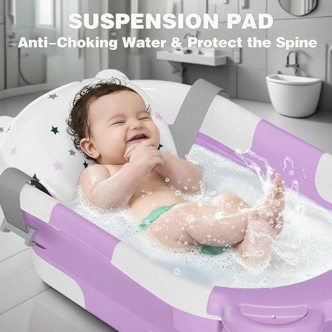TPN Collapsible Baby Bathtub, Baby Bath Tub with Soft Cushion & Real-Time Thermometer, Baby Bathtub Infant to Toddler Tub (0-36 Months), Portable Travel Baby Tubs for Newborns (Lavender)