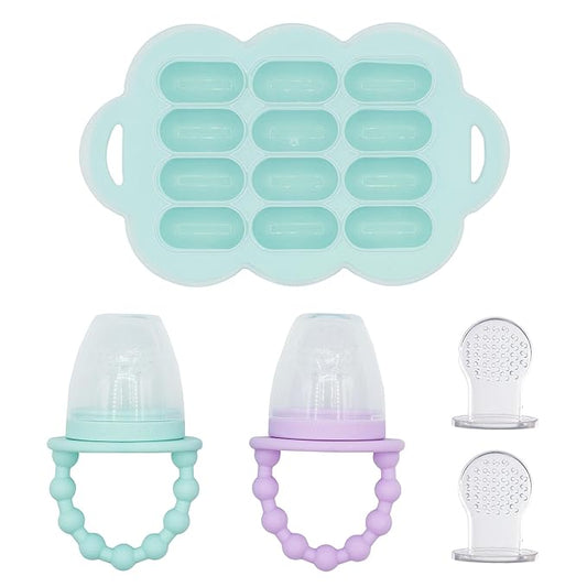 WeeSprout Silicone Baby Food Feeders + Freezer Tray for Batch Prep, Set of 2, Introduce New Foods Safely, Double as Teething Toys, Includes 2 Extra Pouches & Travel Lids, Dishwasher Safe