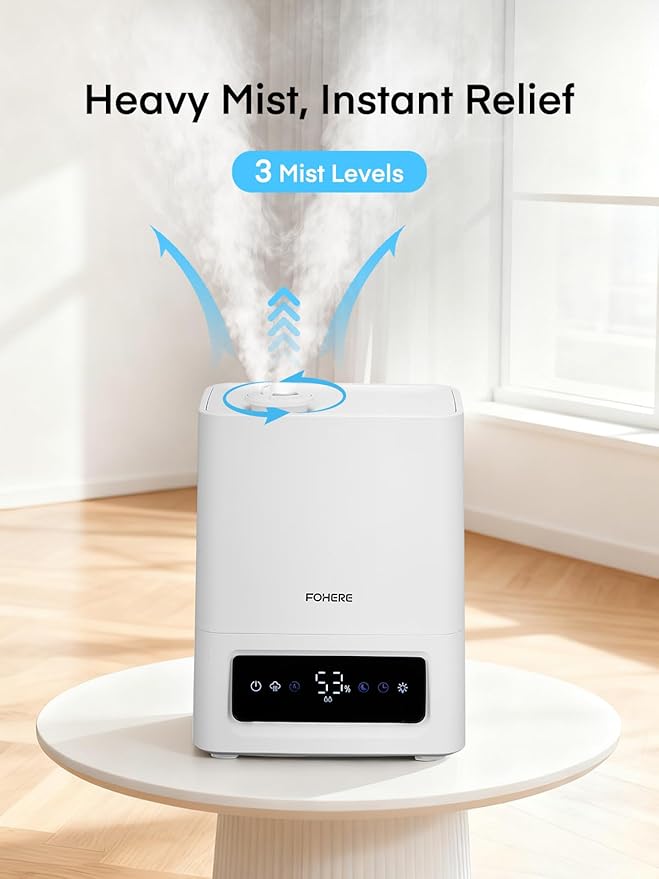 FOHERE 6L Humidifiers for Bedroom, 60H Cool Mist Humidifier for Large Room, 28dB Ultra-Quiet Runtime for Baby, Indoor, Plants, Smart Humidity Sensor, 16H Timer, Night Light, Oil Diffuser, White