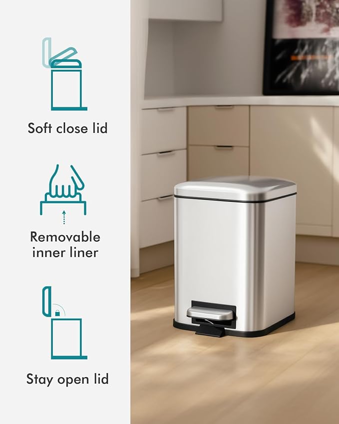 Bathroom Trash Can with Lid, 6 Liter / 1.6 Gallon Small Trash Can with Removable Liner Bucket, Soft Close lid & Step Pedal, Silver Stainless Steel Garbage Can for Bedroom, Office, Dorm