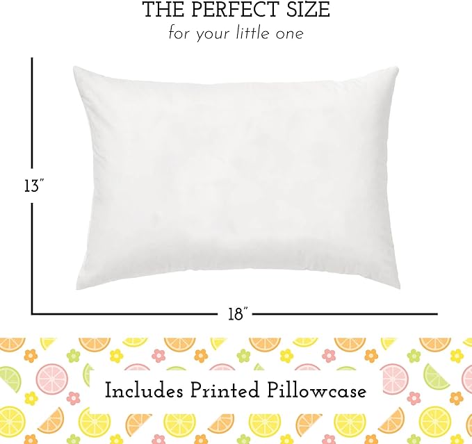 Little Sleepy Head Toddler Pillow with Pillowcase 13x18 - Kids Pillow for Sleeping - Better Neck Support Ergonomic Pillow and Toddler Pillowcase - Best Pillows for Kids (Citrus Blossom)