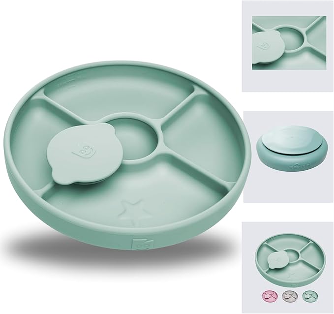 TalkTools Bitsy Feeding Kid's Essentials Plate Set – Toddler Utensils, Spoon and Fork, Lid, Perfect for Mealtime – Strong Suction with 4 Compartments (Plate-Sage)