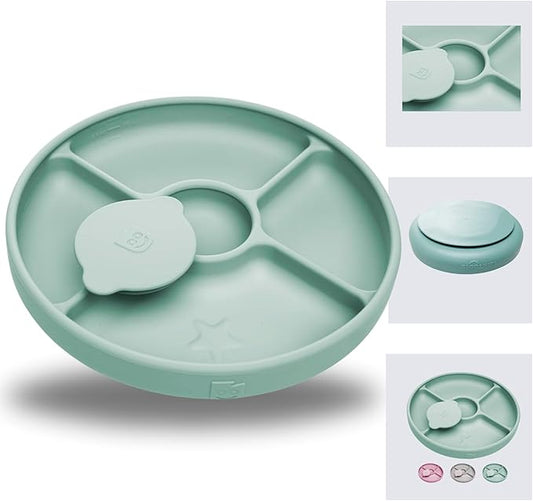 TalkTools Bitsy Feeding Kid's Essentials Plate Set – Toddler Utensils, Spoon and Fork, Lid, Perfect for Mealtime – Strong Suction with 4 Compartments (Plate-Sage)