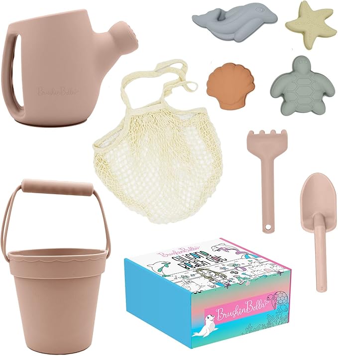 Silicone Beach Toys - Beach Bucket Set with Shovel, 4 Sand Molds - Travel-Friendly Kids Sand Toys in Net Carrying Bag - Safe Baby Sand Toys - Dishwasher-Safe (Blush Pink)