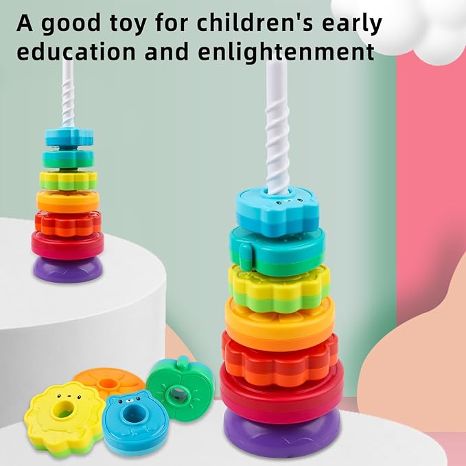 Spinning Stacking Toys for Babies 12+ Month Rainbow Ring Flowers Animals Fruits Theme Stacker ABS Toys for Toddlers 1-3 Montessori Educational Learning Sensory Toy,Stacking Toy for Kids