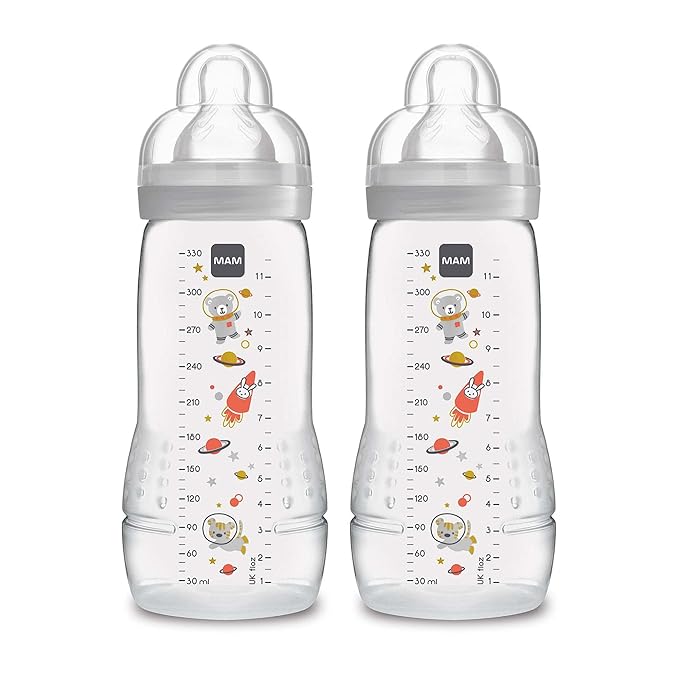 MAM Easy Active Baby Bottles 11oz, Fast Flow Skinsoft Silicone Nipple with Wide Neck Ergonomic Design, Easy to Hold, BPA-Free, Bottles with Leak-Proof Caps for 4+ Months Baby