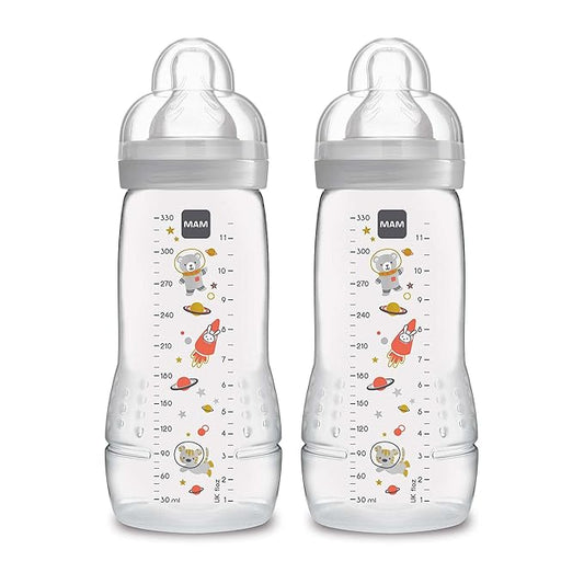 MAM Easy Active Baby Bottles 11oz, Fast Flow Skinsoft Silicone Nipple with Wide Neck Ergonomic Design, Easy to Hold, BPA-Free, Bottles with Leak-Proof Caps for 4+ Months Baby