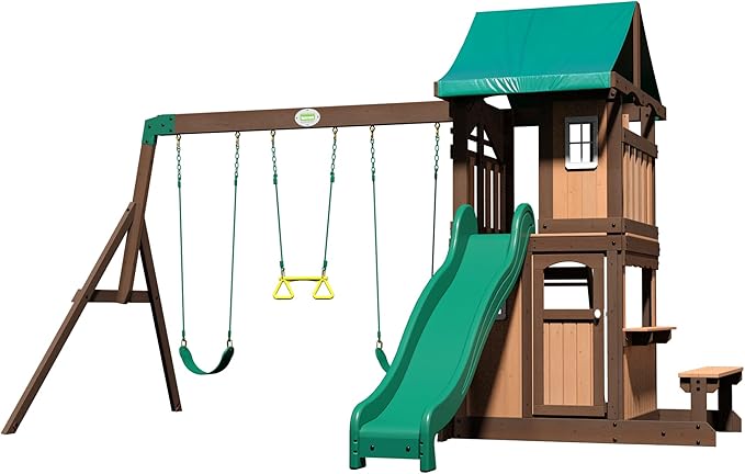 Backyard Discovery Lakewood Cedar Wood Swing Set with Wave Slide, Clubhouse, Playhouse, Snack Bar Window, Picnic Area, Belt Swings, Trapeze, Full Front Door, Windows, Step Ladder, Outdoor Playset