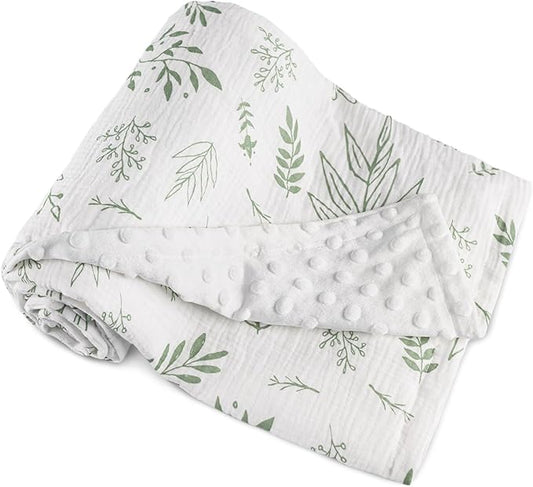 GLLQUEN BABY Blankets for Unisex Boys Girls, Muslin Cotton Front Soft and Breathable, and Dotted Fleece Backing, Printed Bed Nursery Minky Blankets for Toddler Newborn, Greenery, 30 x 40 inches