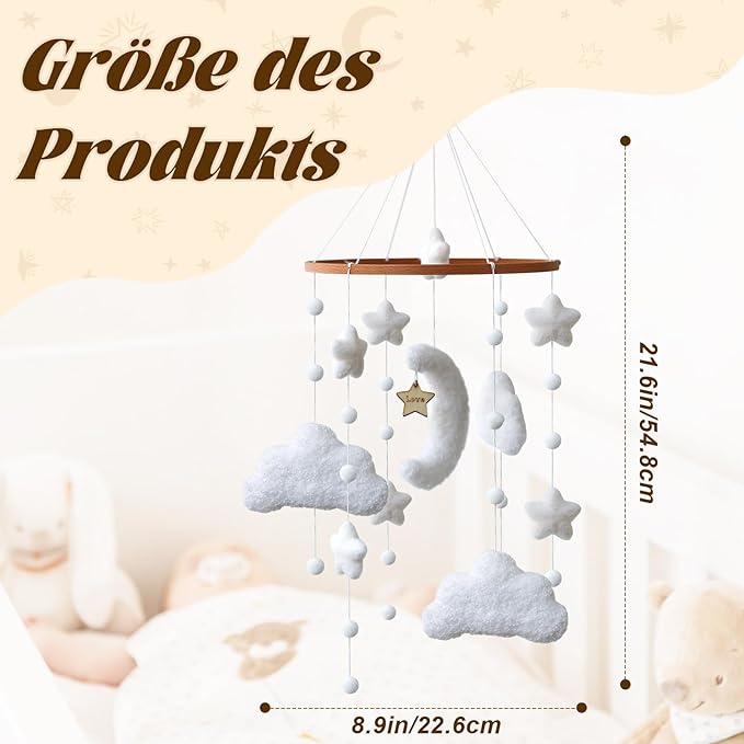 Boho Cloud Moon Crib Mobile Kids Room Accessory Baby Mobile for Crib Neutral Clouds, Moon & Stars Design Mobile for Boys & Girls