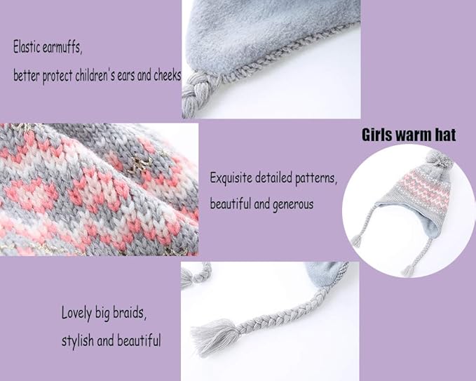 Moon Kitty Girls Knit Hats Winter Fleece Lining Skiing Winter Caps with Warm Ear Flap