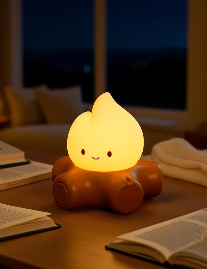 Chibi Campfire Night Light, Silicone, LED Light up Flame Lights, Dimmable, Rechargeable Bedside Nightlight, Baby Nursery Dorm Kawaii Lamp Décor