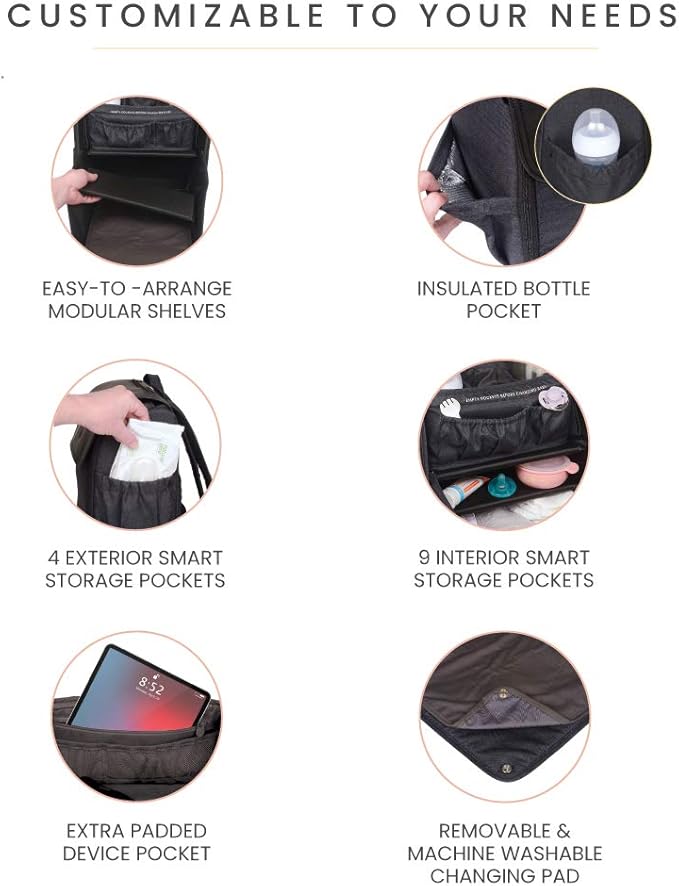 Lulyboo Convertible Diaper Bag Backpack with Changing Station & Removable Caddy - Reinforced Stitching, Insulated Bottle Pockets, Stroller Attachments, Angled Cell Phone Storage, Stylish & Durable